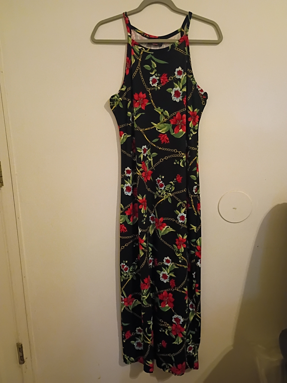 Discreet Black Maxi Dress with Red & Green Floral Print Y2K Sz XL